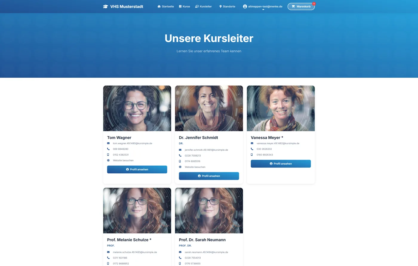 Kurs-Website einer Volkshochschule mit den Profilen der Kursleiterinnen und Kursleiter