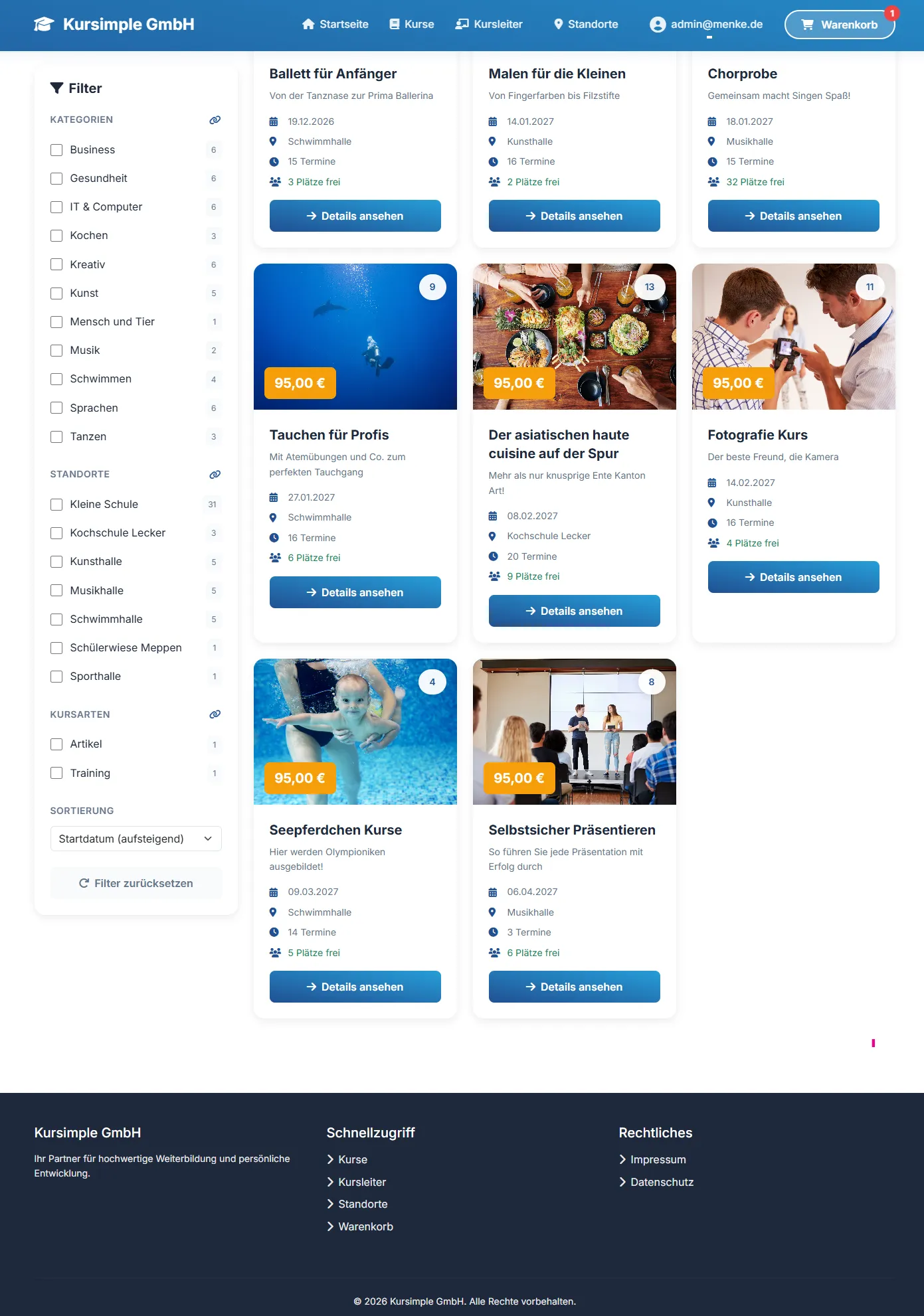 Kurs-Website mit Filtern, Kurskacheln, Preisen und freien Plätzen