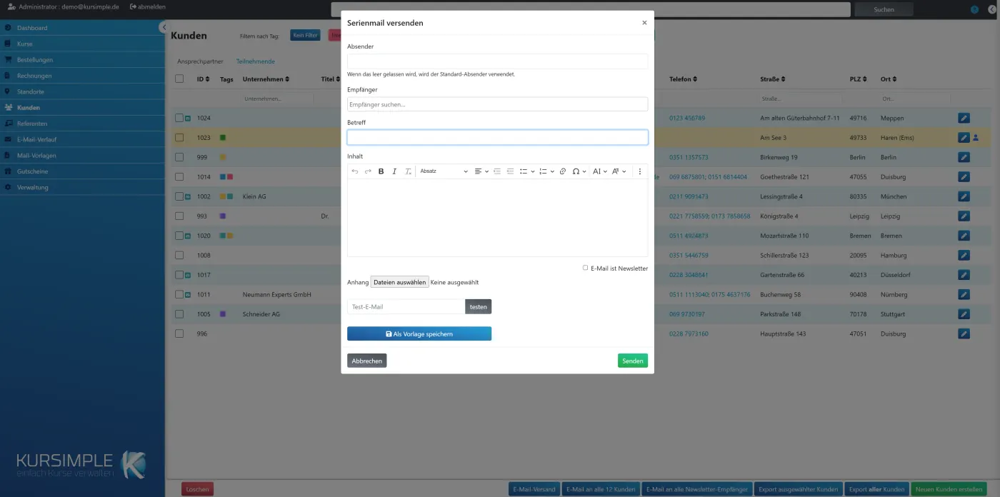 E-Mail-Versand an ausgewählte Kunden in Kursimple