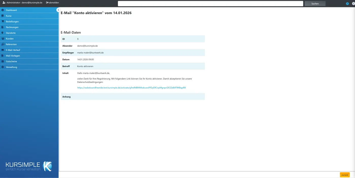 Eine versendete E-Mail im Verlauf in Kursimple