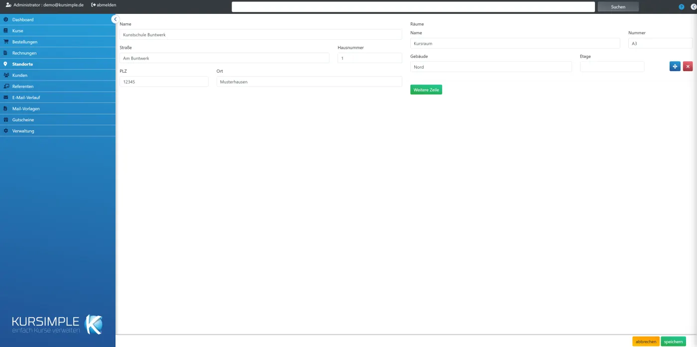 Einen Standort anlegen in Kursimple