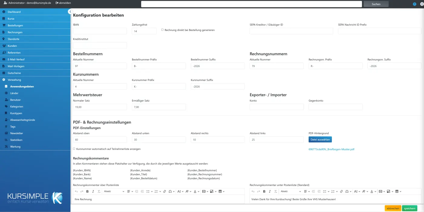 Die Anwendungsdaten mit Nummernkreisen und Rechnungseinstellungen in Kursimple