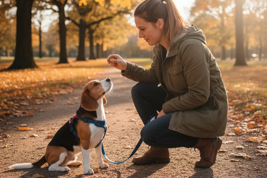 Hundetrainerin gibt einem jungen Beagle im Park ein Leckerli